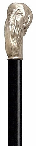 Bastón de Alpaca Plateada. Cabeza de chino, Palo madera de haya color negro y contera de goma.
