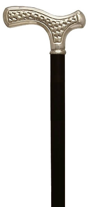Bastón puño de Alpaca plateada en forma de "T" Trenzas. Palo madera de haya negro. Contera goma.
