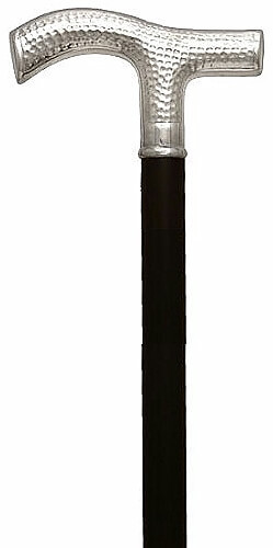 Bastón de Alpaca Plateada forma de "T". Grabado Martelé. Palo madera de haya negro. Contera de goma.