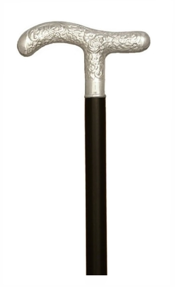 Bastón forma "T" motivo floral plata de ley.  Palo madera haya negro o madera ébano. Contera de asta
