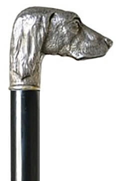 Bastón perro Setter en plata de Ley 925. Palo madera de haya negro o madera ébano. Contera de asta,