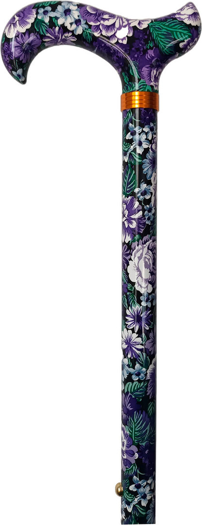 Bastón extensible aluminio estampado motivos florales, fondo morado. Longitud 77-99 cm. Contera goma