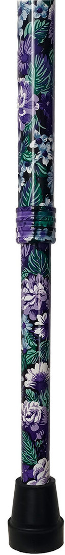 Bastón extensible aluminio estampado motivos florales, fondo morado. Longitud 77-99 cm. Contera goma