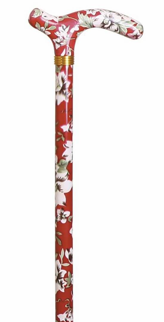 Bastón extensible de aluminio estampado floral con fondo rojo. Contera de goma.