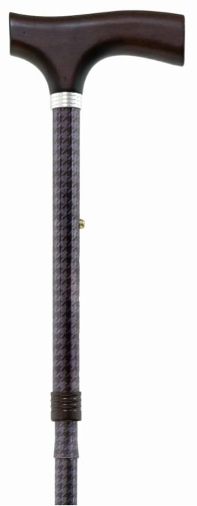 Bastón plegable de aluminio estampado con empuñadura de madera marrón. Plegado 30 cm. Contera goma.
