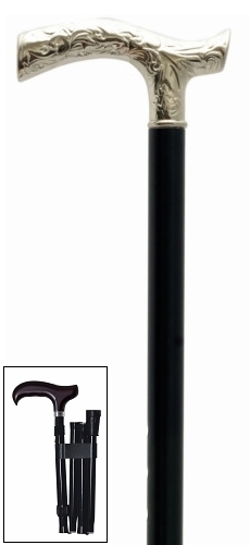 Bastón plegable de aluminio negro con puño niquelado. Longitud de 86 a 97 cm. Contera de goma.
