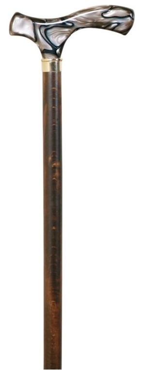 Bastón con empuñadura de metacrilato color marrón. Palo madera de haya marrón. Contera de goma.