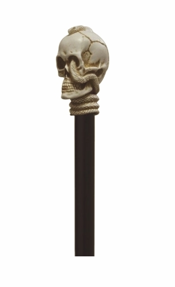 Bastón Calavera con serpiente, color marfil.  Palo madera de haya negro. Contera de goma.