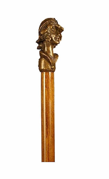 Bastón de bronce macizo "Busto de mujer". Palo madera de haya color nogal. Contera de goma.
