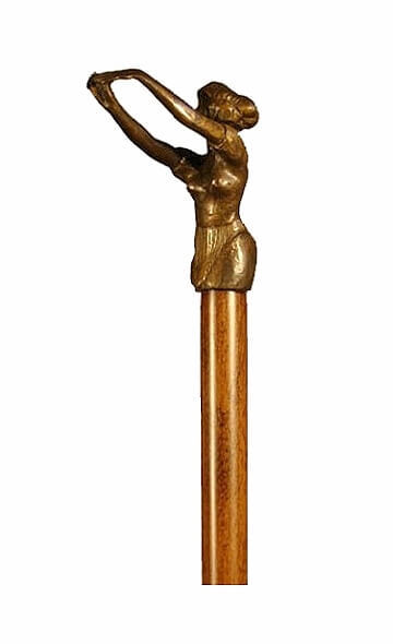 Bastón de bronce macizo "Mujer nadadora". Palo madera de haya color nogal. Contera de goma.