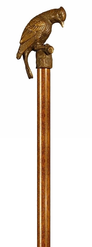 Bastón de bronce macizo "Pájaro carpintero". Palo madera de haya color nogal. Contera de goma.