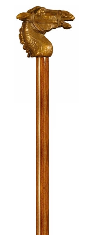 Bastón de bronce macizo "Caballo con riendas". Palo madera de haya color nogal. Contera de goma.