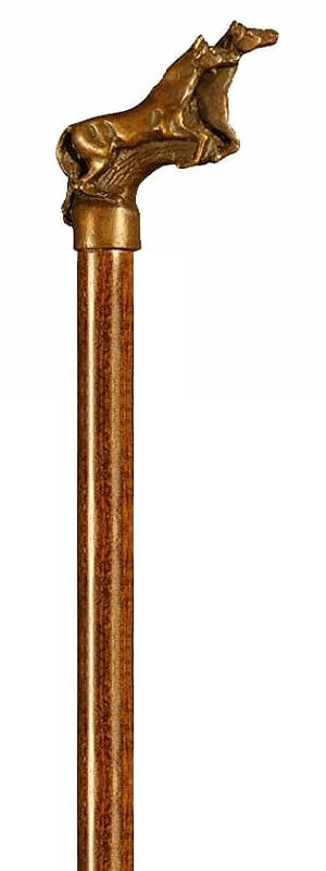 Bastón de bronce macizo "Caballos". Palo madera de haya color nogal. Contera de goma.