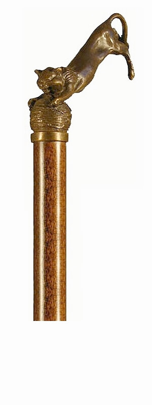 Bastón de bronce macizo "Gato". Palo madera de haya color nogal. Contera de goma.