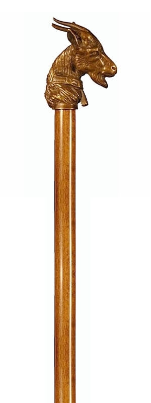 Bastón de bronce macizo "Cabra". Palo madera de haya color nogal. Contera de goma.