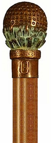 Bastón de bronce macizo "Bola de golf". Palo madera de haya color nogal. Contera de goma.