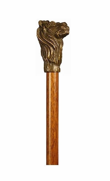 Bastón de bronce macizo "León". Palo madera de haya color nogal. Contera de goma.