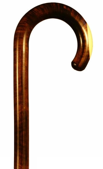 Bastón curvo madera de arce flameado, de 1 sola pieza, con aplique de hueso. Contera de goma.