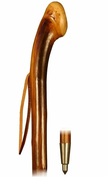 Bastón raíz madera de castaño flameada. Longitud 1 metro. Cordón cuero y puntera metálica pincho.