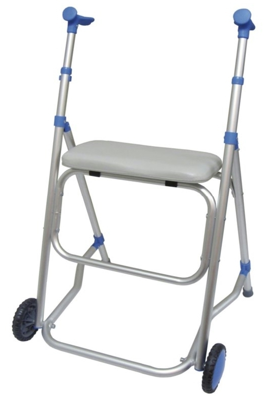 Andador de Aluminio con ruedas y asiento. Puños anatómicos. Regulable en altura: 86,5 - 95 cm.