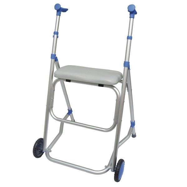 Andador de aluminio con ruedas y asiento. Puños anatómicos. Regulable en altura: 86,5 - 95 cm.