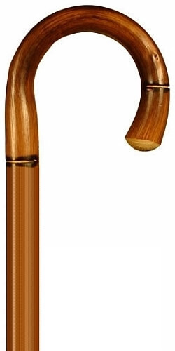 Bastón curvo madera de castaño flameado con tallas. Contera metálica pincho o de goma.