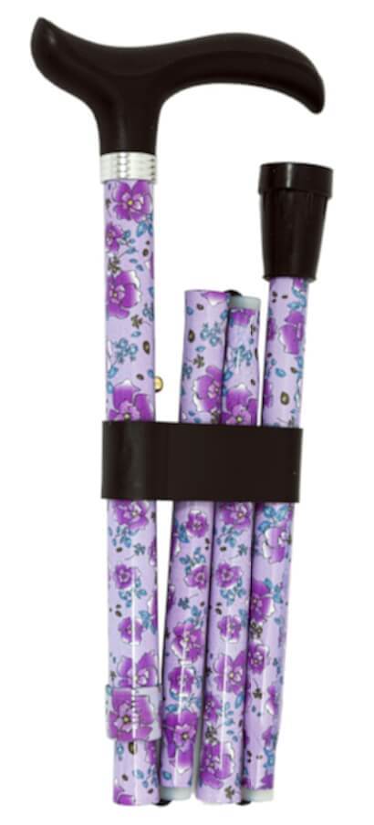 Bastón plegable aluminio estampado flores violetas. Tacto suave. Regulable 84 a 94 cm. Contera goma.
