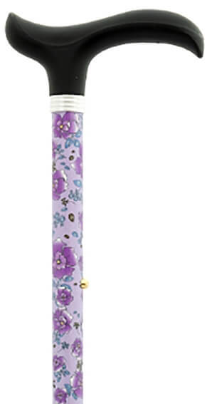 Bastón plegable aluminio estampado flores violetas. Tacto suave. Regulable 84 a 94 cm. Contera goma.