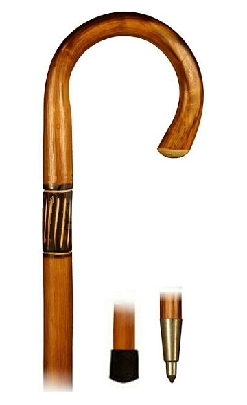 Bastón curvo madera de Castaño flamejado y talla. Contera de goma o puntera metálica pincho.
