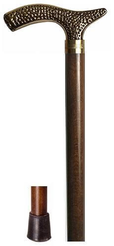 Bastón clásico de bronce macizo lacado. Palo madera de haya marrón. Contera de goma.