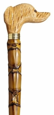Bastón cabeza de Perro madera natural. Palo caña de bambú. Contera de goma.
