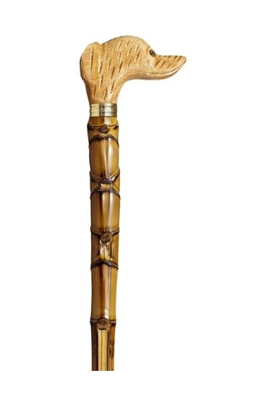 Bastón cabeza de Perro madera natural. Palo caña de bambú. Contera de goma.