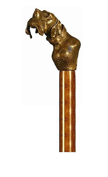 Bastón de bronce macizo "Perro Pointer con pato". Palo madera de haya color nogal. Contera de goma.