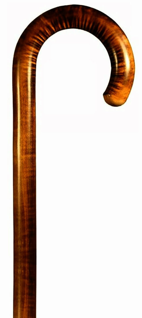 Bastón curvo en madera de arce flameado de 1 sola pieza. Contera de goma