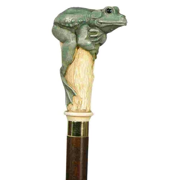 Bastón Rana color verde de resina coloreada a mano. Palo marrón con anilla y puntera metálica.