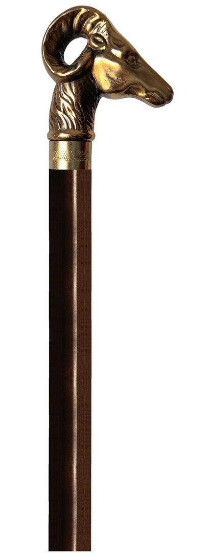 Bastón carnero de bronce macizo lacado. Palo madera de haya marrón. Contera metálica.