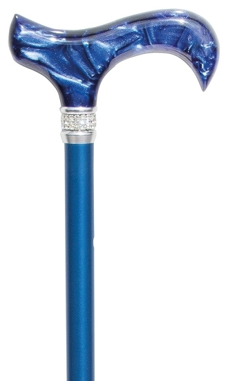 Bastón extensible azul con anillo de cristales brillantes. Regulable de 70 y 92 cm. Contera de goma.