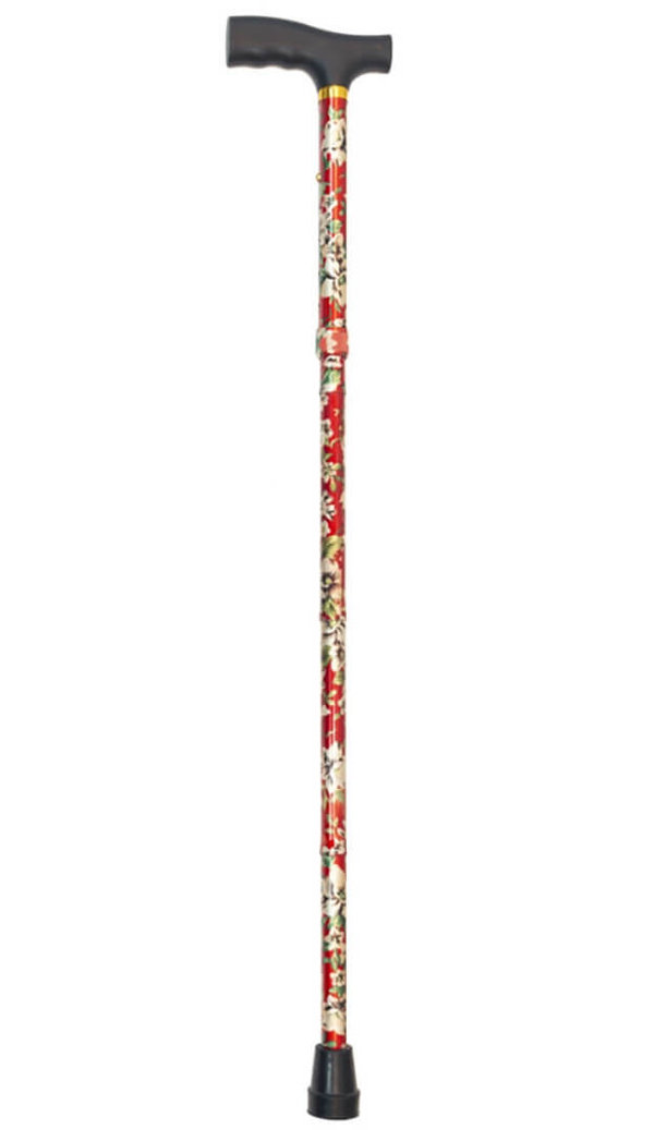 Bastón plegable aluminio estampado flores blancas, fondo rojo. Longitud de 83 a 93 cm. Contera goma.