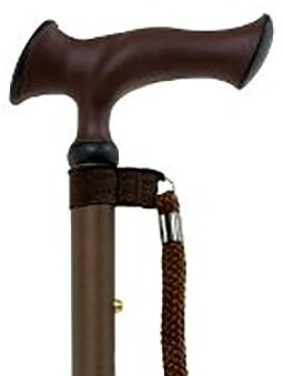 Bastón plegable con puño ergonómico tacto suave, marrón. Longitud de 84 a 94 cm. Contera de goma.