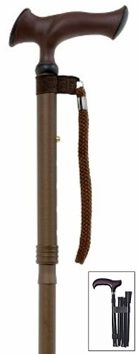 Bastón plegable con puño ergonómico tacto suave, marrón. Plegado: 30 cm. Regulable en altura.