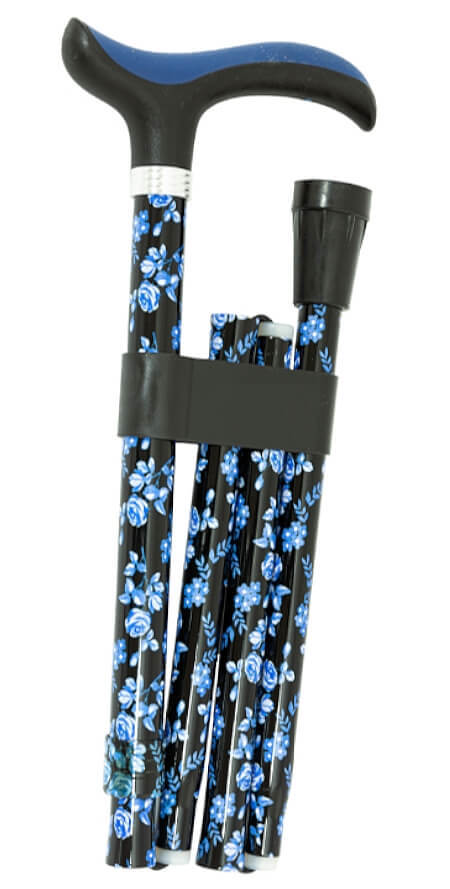 Bastón plegable de aluminio con estampado flores azules. Puño tacto suave. Contera de goma.