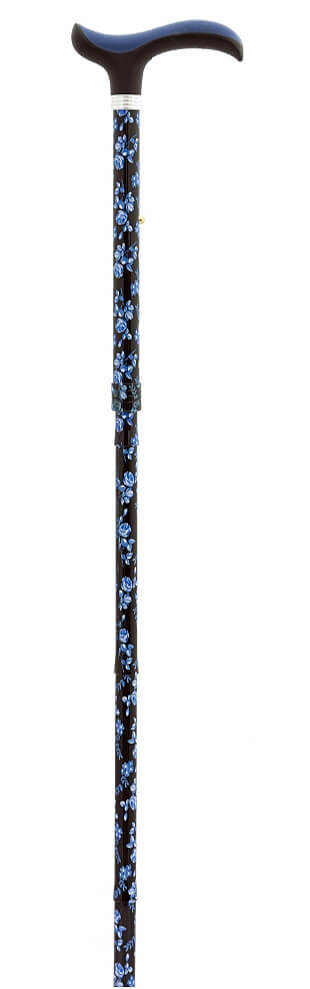 Bastón plegable de aluminio con estampado flores azules. Puño tacto suave. Contera de goma.