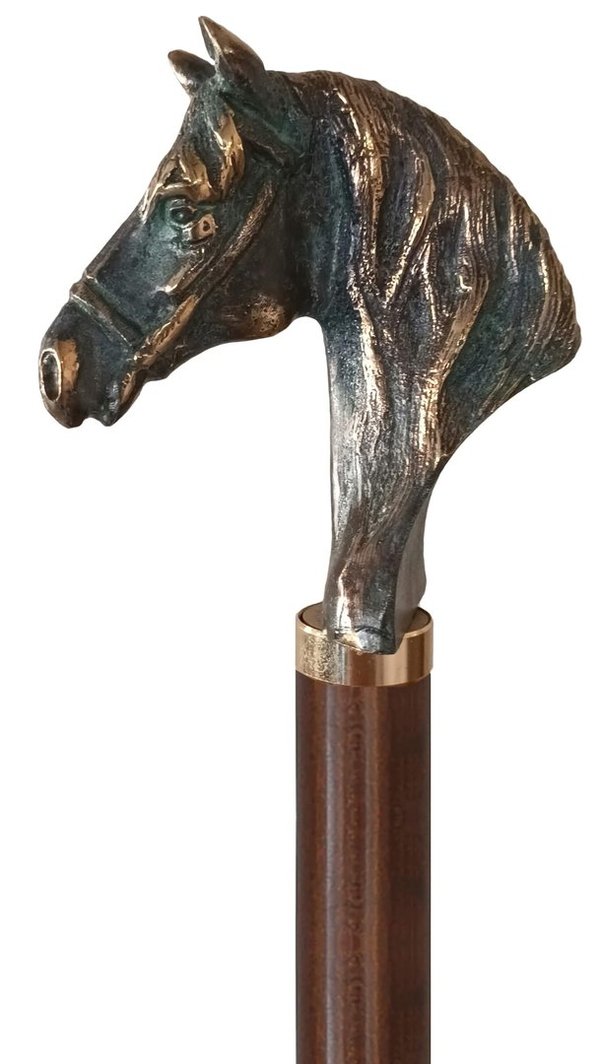 Bastón cabeza caballo bronce macizo. Brillante, envejecido, verdoso, oscuro, niquelado, plata y oro.