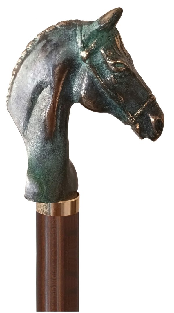 Bastón cabeza caballo bronce macizo. Brillante, envejecido, verdoso, oscuro, niquelado, plata y oro.
