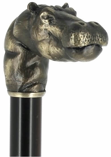 Bastón "Hipopótamo" en bronce blanco envejecido. Palo fibra de carbono Macassar. Contera de goma.