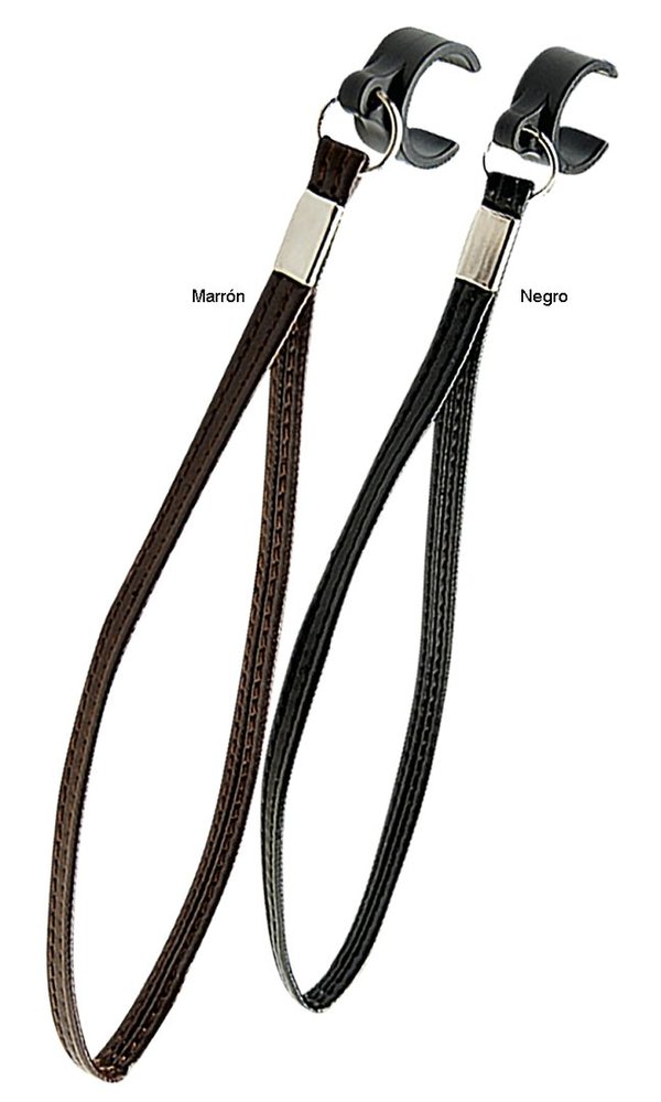 Correa para bastones símil cuero con clip. Para bastones con diámetro de 19 a 22 mm. Marrón y negro.