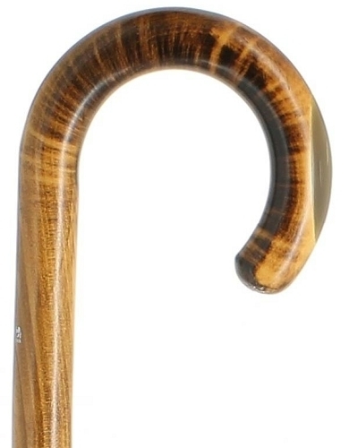 Bastón curvado en madera de Arce flameado oscuro, con aplique de cuerno. Contera de goma.
