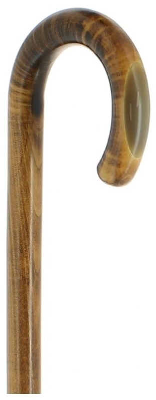 Bastón curvado en madera de Arce flameado oscuro, con aplique de cuerno. Contera de goma.
