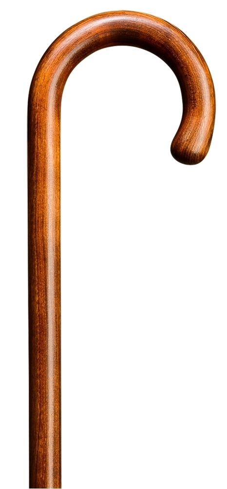Bastón curvo madera de cerezo de 1 sola pieza. Flameado, teñido, refinado y sellado. Contera goma.
