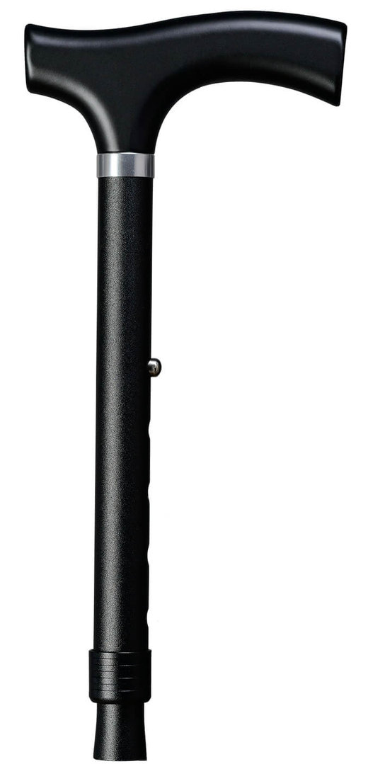 Bastón plegable de aluminio negro. Puño de madera. Regulable en altura de 85 a 95 cm. Contera goma.
